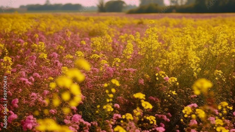 Obraz premium Mustard flower field pink colors a lovely summer day