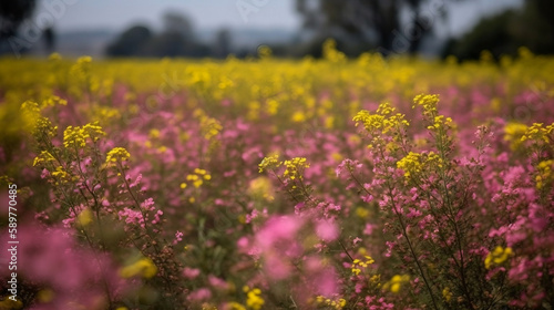 Mustard flower field pink colors a lovely summer day
