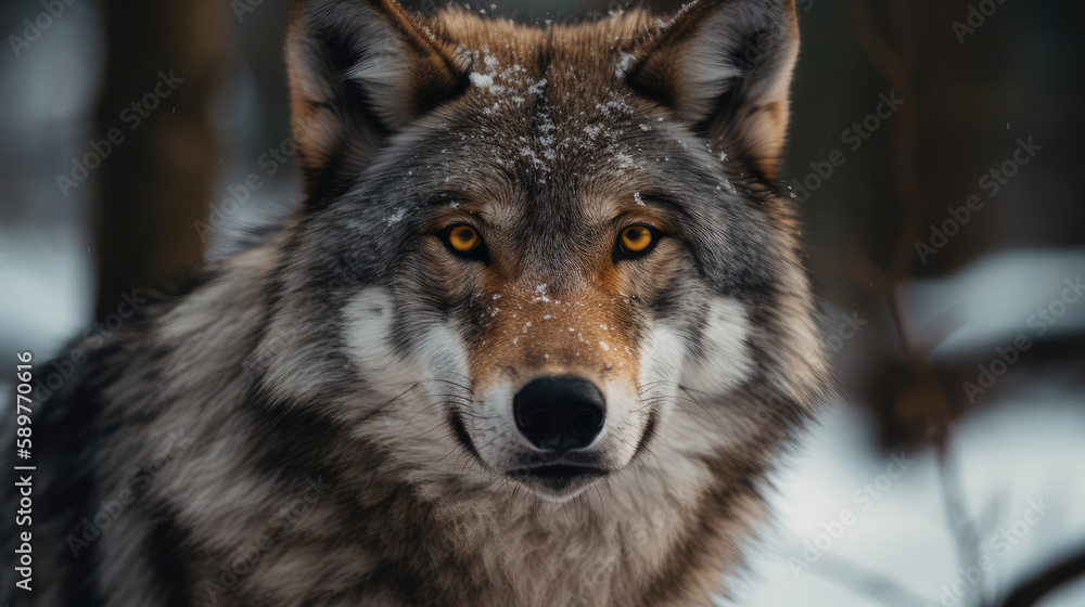 Fototapeta premium Portrait shot of a beautiful wsingle wolve with thick fur in winter. Generative AI.