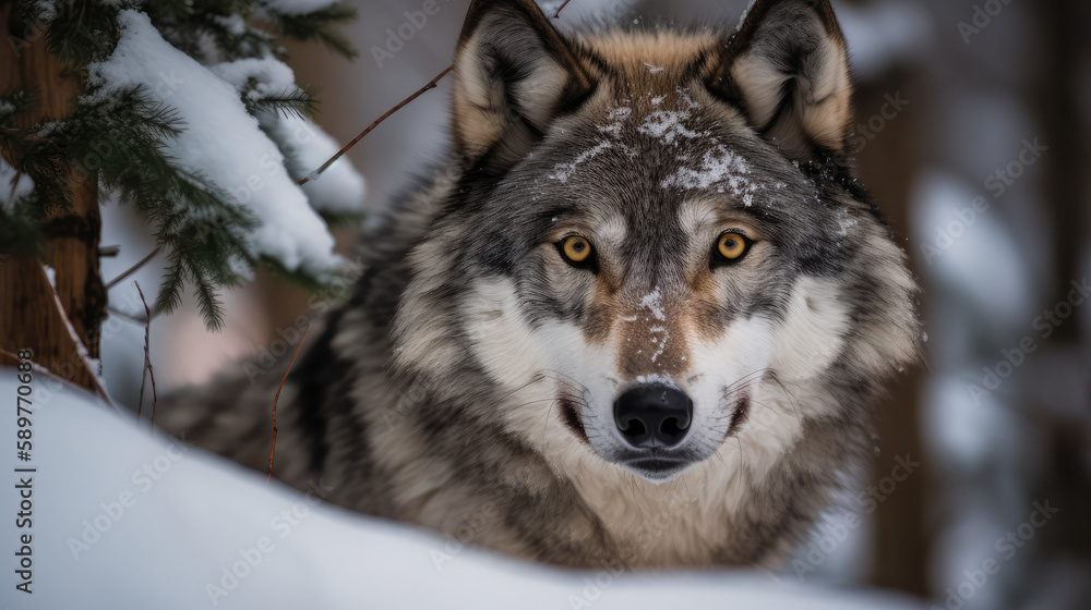 Close up portrait of a single wolve with orange eyes. Generative AI.