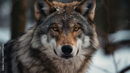 Portrait shot of a beautiful wsingle wolve with thick fur in winter. Generative AI.
