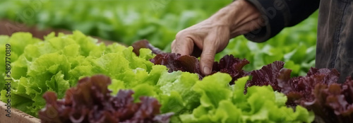 happy farmer hand picking fresh salad in the salad growing garden farm Freshly harvested organic for health food