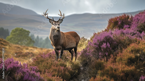 Single beautiful male redstag standing in the middle of blooming heather plants in the scotish hills. Generative AI.