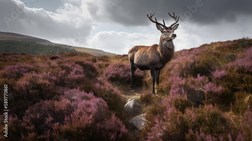 Single beatiful redstag standing in the middle of the blooming heather plants in the scotish mountains. Generative AI. photo