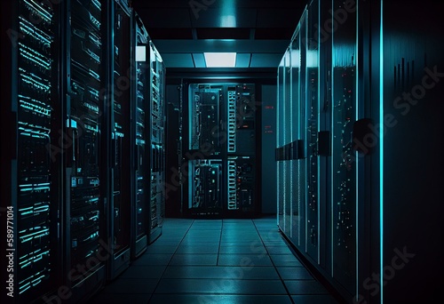 picture of a contemporary, gloomy server room with neon blue lighting. Generative AI