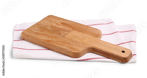 Wooden kitchen board with napkin isolated on white background