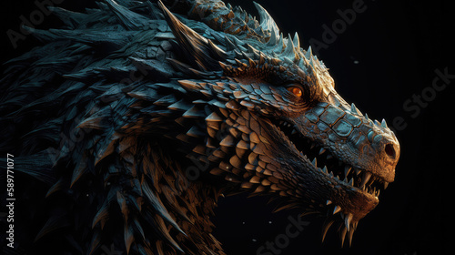 Beautiful portrait of a dragon in front of black background. Generative AI.