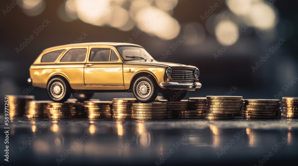 Single old car standing on some stacked golden coins as a symbol for