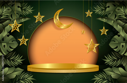 Hari raya greeting product display background with stars decoration and podium. The Malay translation: happy hari raya and May you forgive us