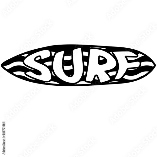 Surfboard with SURF letter word art silhouette