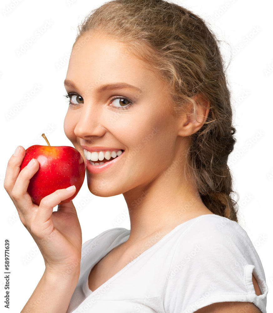 Young woman holding apple isolated on white Young woman holding apple isolated on white