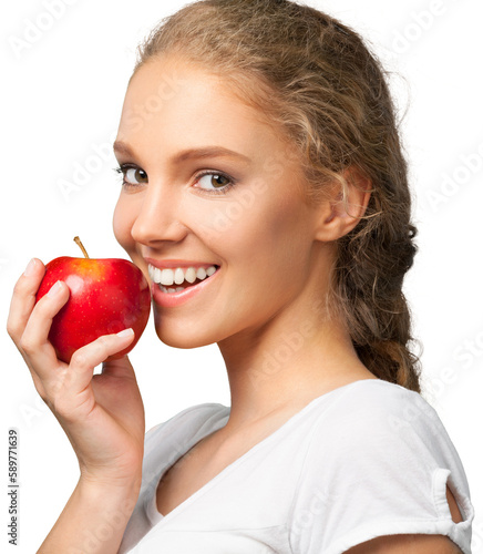 Young woman holding apple isolated on white