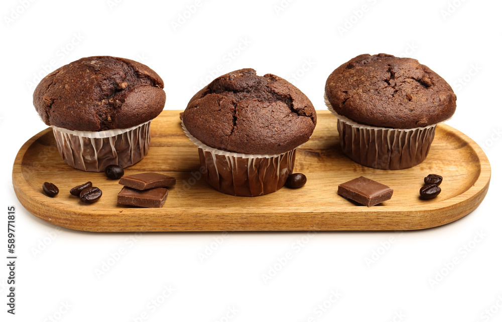Wooden board with tasty chocolate cupcakes isolated on white background Wooden board with tasty chocolate cupcakes isolated on white background