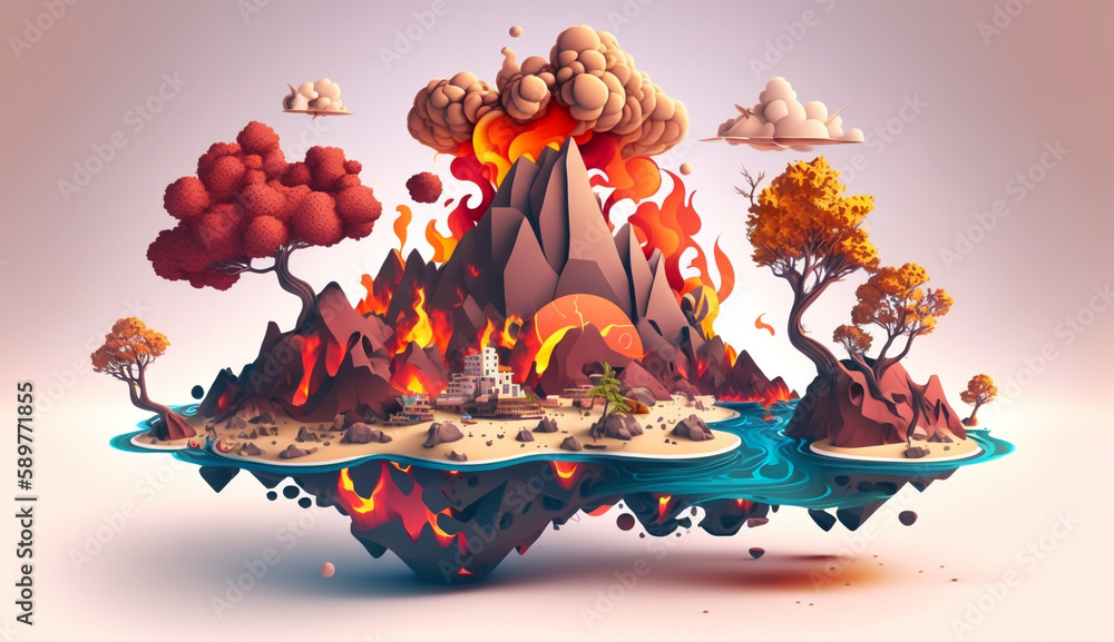 Fantastic surreal float island landscape with some fire paradise idea. Generative AI.