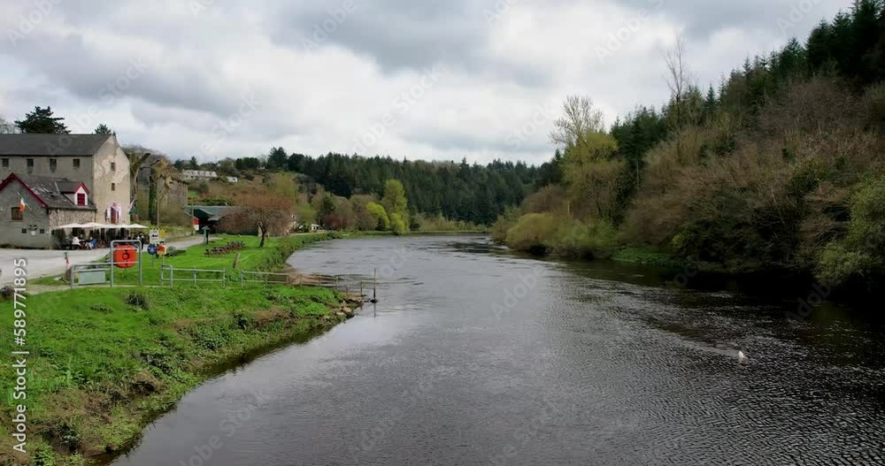 A low drone flight down the The River Barrow flowing past St Mullins village in Country Carlow A low drone flight down the The River Barrow flowing past St Mullins village in Country Carlow