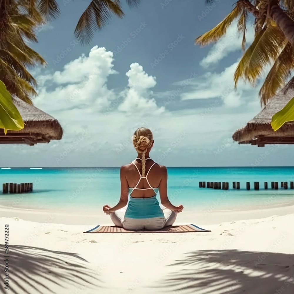 Woman practicing yoga outdoors. Maldives beach. Created using generative AI Woman practicing yoga outdoors. Maldives beach. Created using generative AI