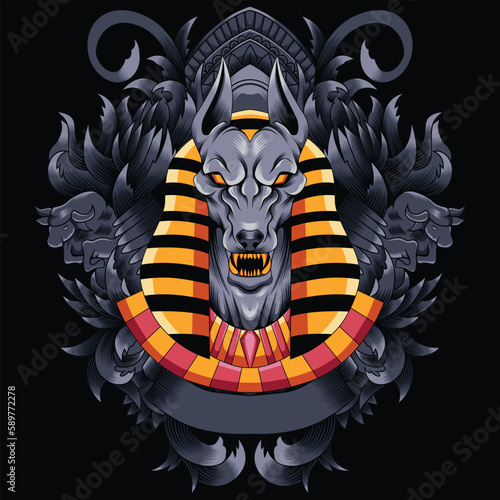 anubis illustration with baroque ornament