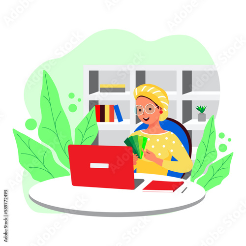 Freelance designer woman.Remote work, internet communication. Vector illustration.