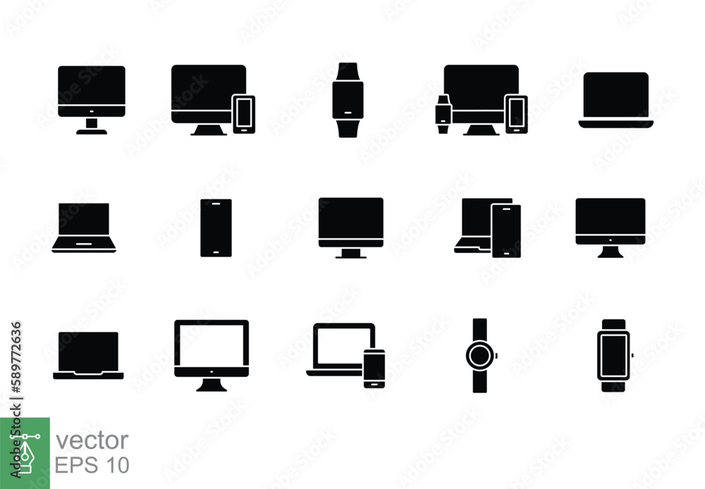 Modern devices icon set. Simple solid style. Computer, laptop, monitor screen, gadget, pc, phone, smartwatch. Silhouette, glyph symbol. Vector illustration isolated on a white background. EPS 10. Modern devices icon set. Simple solid style. Computer, laptop, monitor screen, gadget, pc, phone, smartwatch. Silhouette, glyph symbol. Vector illustration isolated on a white background. EPS 10.