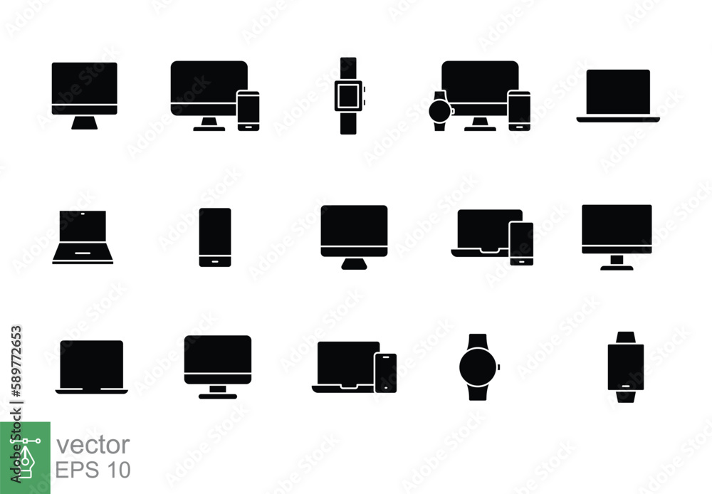 Modern devices icon set. Simple solid style. Computer, laptop, monitor screen, gadget, pc, phone, smartwatch. Silhouette, glyph symbol. Vector illustration isolated on a white background. EPS 10.