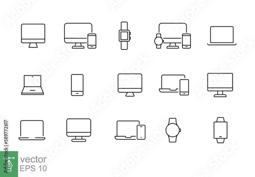 Modern devices thin line icon set. Simple outline style. Computer, laptop, monitor screen, gadget, pc, phone, smartwatch. Vector illustration isolated on a white background. EPS 10.
