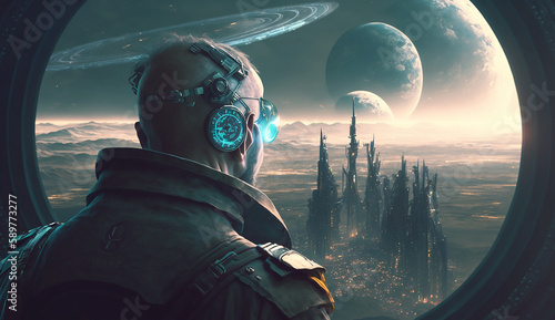 Fototapeta Naklejka Na Ścianę i Meble -  a guy from future, 火星移住, Mars emigration, space ship, 宇宙船, 未来人,  Generative AI