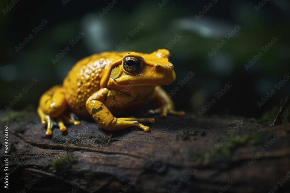 Naklejka premium Golden poison frog on the rainforest floor. Generative AI.