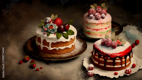 Vector illustration of a set of different birthday cakes. Vintage watercolor. Generated AI