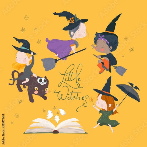 Cartoon Halloween Set with Cute Little Witches