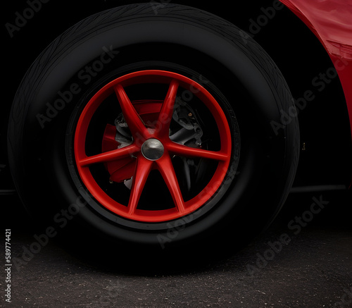 Close-up of a wheel of a red sports car, red rim wheel, Generative AI