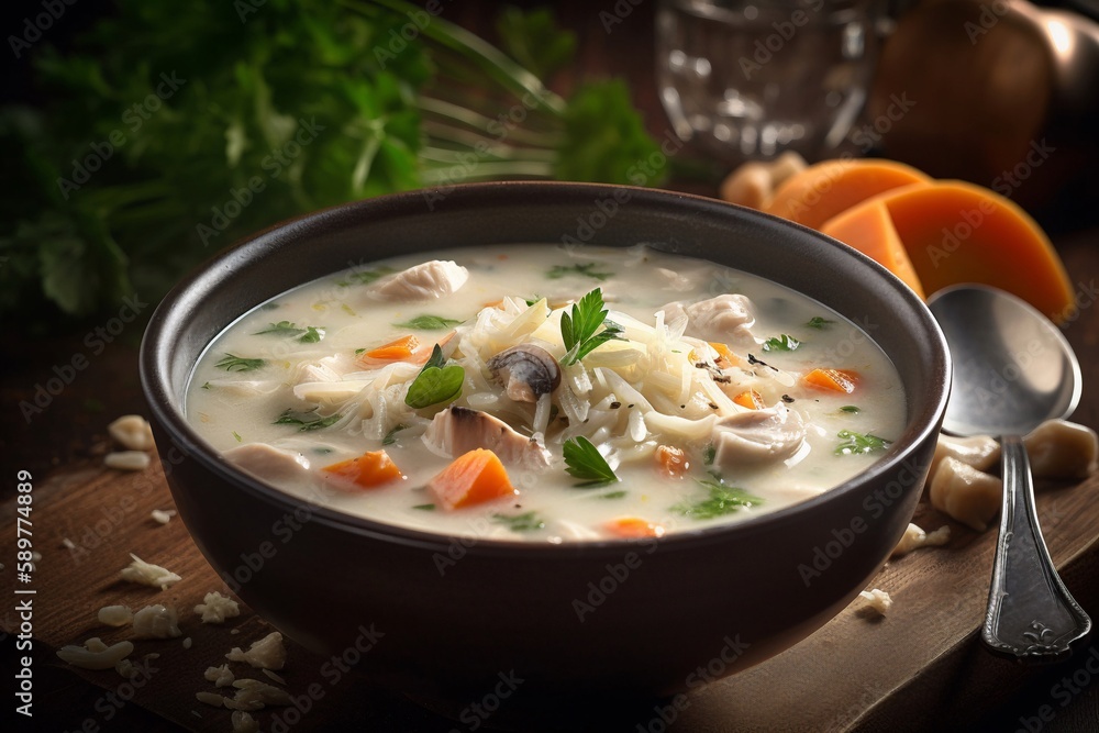 creamy soup with chicken and vegetable on bowl creamy soup with chicken and vegetable on bowl