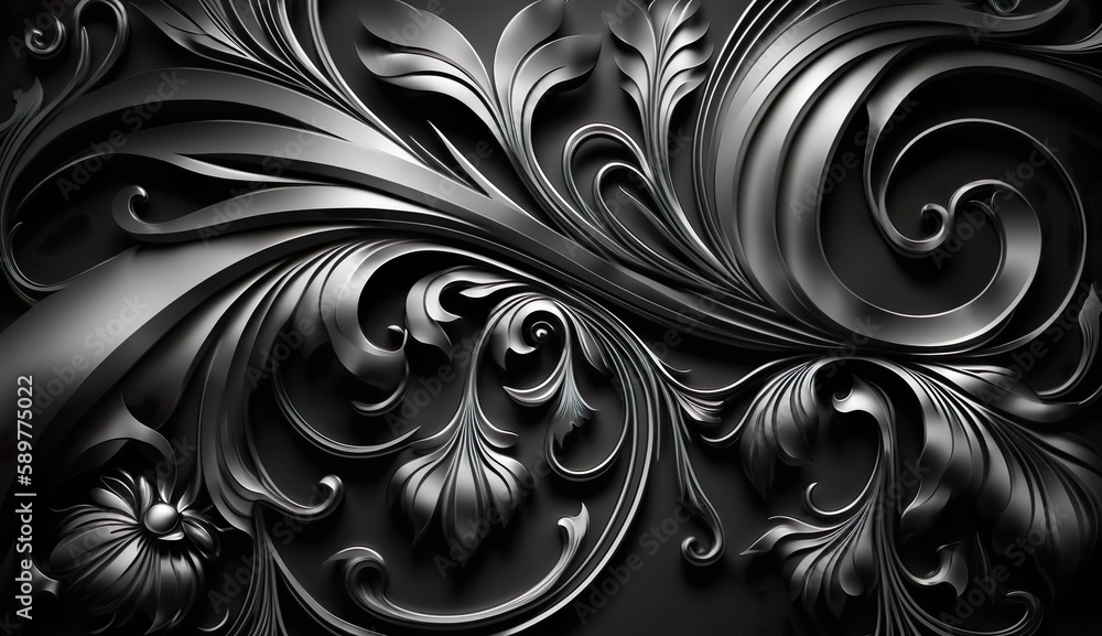 Moderne Luxus Barock Muster, mit Weiss, Schwarz und Silbernen Tönen, Textur gekrümmte Elemente in 3D-Look. Silber und Schwarz ausgefallenen markanten Hintergrund. Generative AI Illustration Moderne Luxus Barock Muster, mit Weiss, Schwarz und Silbernen Tönen, Textur gekrümmte Elemente in 3D-Look. Silber und Schwarz ausgefallenen markanten Hintergrund. Generative AI Illustration