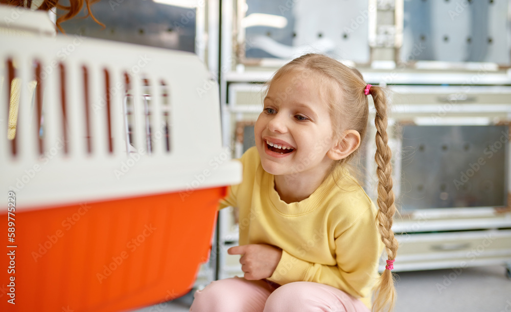Joyful girl child feeling happy after buying cat at shop Joyful girl child feeling happy after buying cat at shop