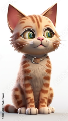 Katze Spielzeugfigur in optisch lebhafte Cartoon Darstellung, stehend vor weissem Hintergrund. Generative AI Illustration