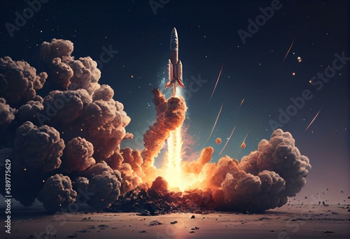 Rocket blastoff towards space large quantity design for a movie scene with cinematic lighting and cinematic elements Generative AI