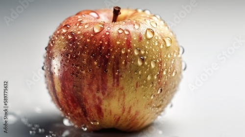 Apfel in Rot und Gelb, frisches Aussehen mit Wassertropfen auf weissem, neutralem Hintergrund. Generative AI Illustration