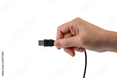 Hand and usb cable isolated on white background 