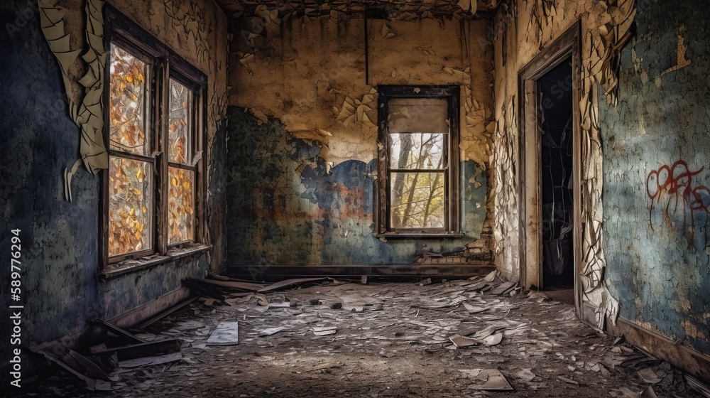  a run down building with graffiti on the walls and windows and a broken door and window pane in the middle of the room with a broken window.  generative ai - obrazy, fototapety, plakaty 