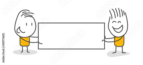 Stick figures. Blank banner. Vector illustration of man holding blank banner. It can be used for presentation, for explanation, as a mascot, for communication, to express emotions.