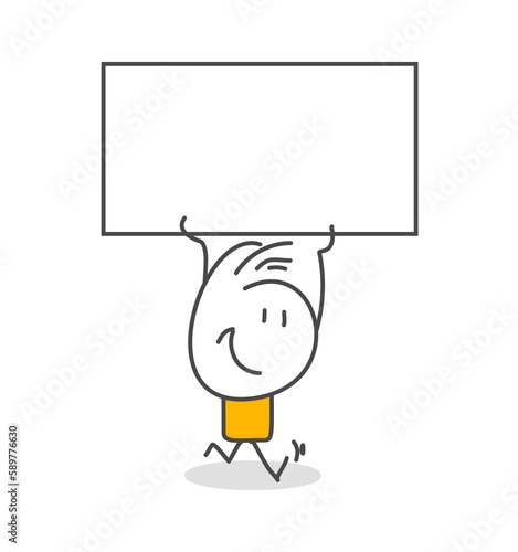 Stick figures. Blank banner. Vector illustration of man holding blank banner. It can be used for presentation, for explanation, as a mascot, for communication, to express emotions.