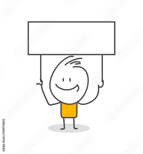 Stick figures. Blank banner. Vector illustration of man holding blank banner. It can be used for presentation, for explanation, as a mascot, for communication, to express emotions.