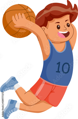 Cute youngboy cartoon character playing basketball, Cute youngboy jump to do a slam dunk. Vector illustration