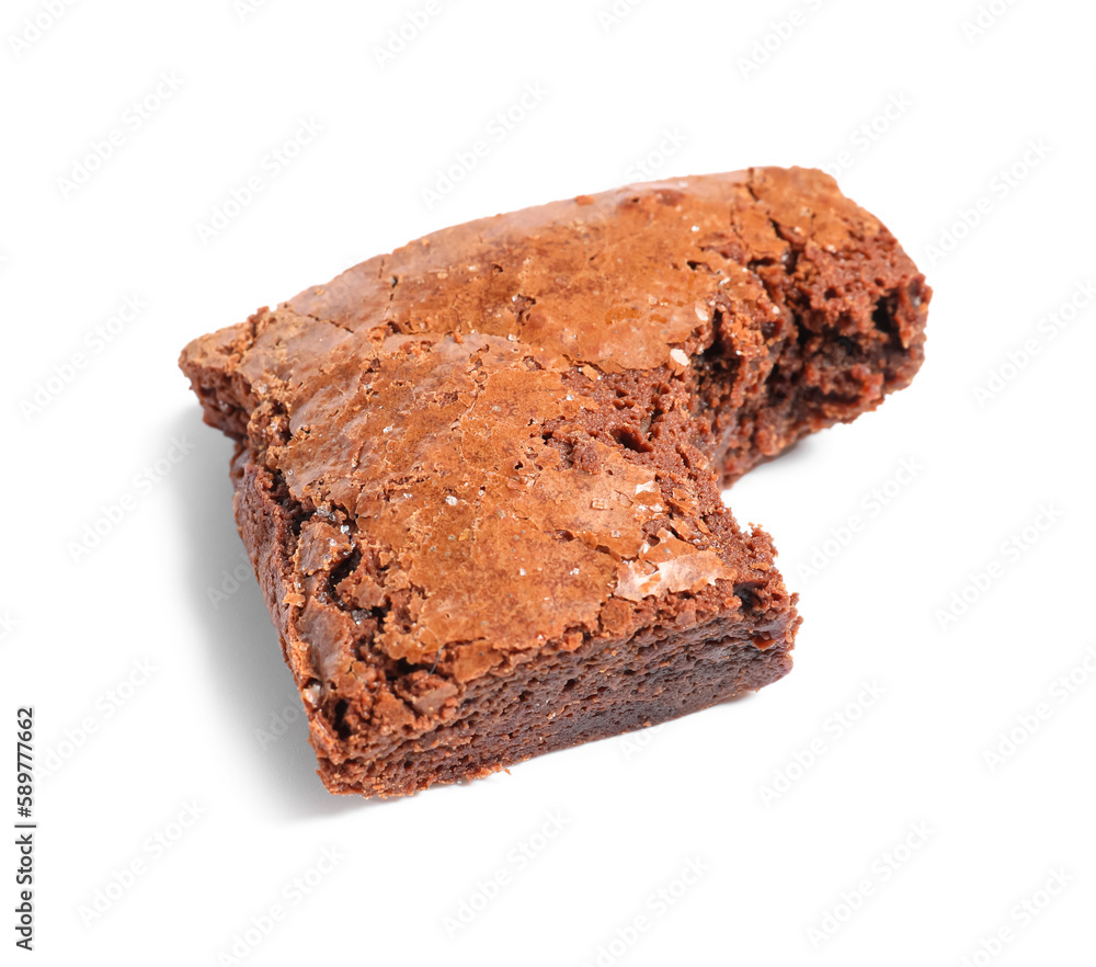 Piece of bitten chocolate brownie isolated on white background