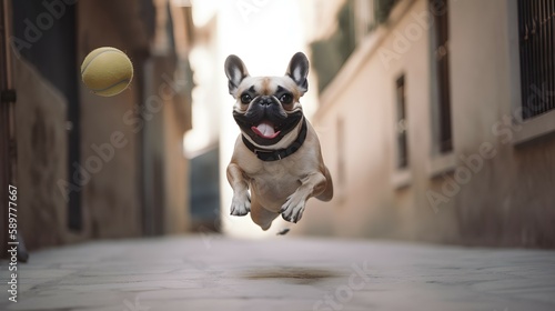 French Bulldog jumping on the street. Generative AI