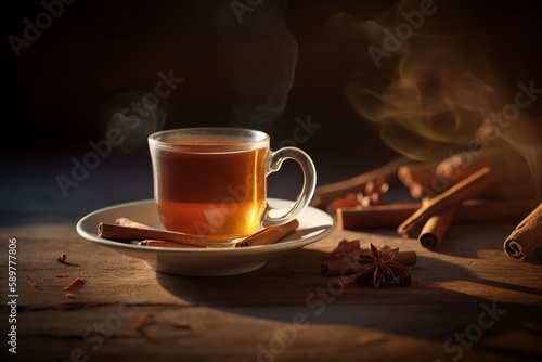 cup of tea with cinnamon on the table