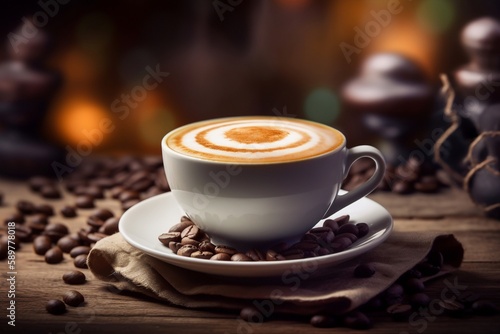 a cup of cappuccino with coffee beans on the table