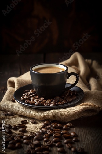 cup of coffee with coffee beans on the table