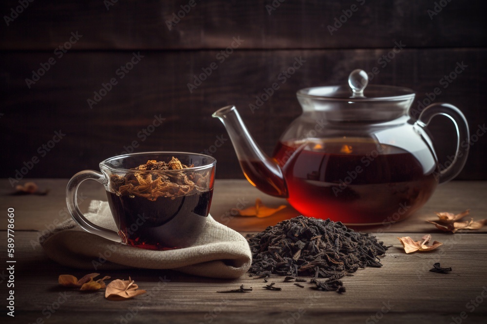 cup of tea and teapot on wooden table cup of tea and teapot on wooden table