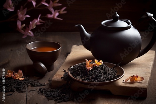 traditional teapot with cup on wooden board