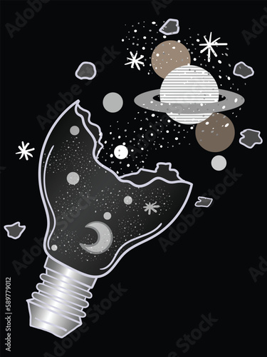 Our striking black and white broken light bulb in space artwork is a powerful and thought-provoking piece. This unique design will capture your imagination and inspire you to reflect on the fragility 